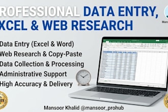 1 I will do professional data entry 2  excel 3 web research