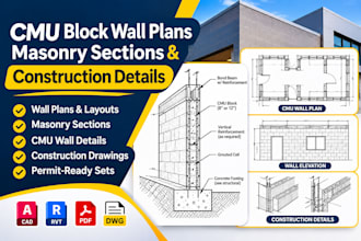 draft cmu block wall plans, masonry sections and construction details