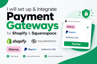 setup integrate shopify squarespace payment gateway, klarna paypal authorize net