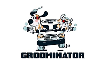 design animated mobile pet grooming van logo