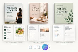 design editable health fitness ebook, lifestyle ebook and mental health workbook