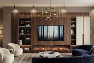 design tv wall and fireplace wall 3d with built in media unit and 3d lighting