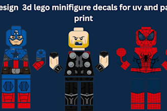 design lego minifigure decals, 2d lego stickers for uv and pad print artwork
