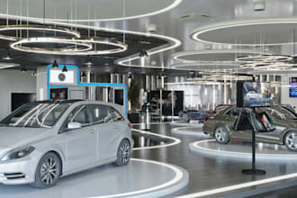 design 3d car showroom, car dealership interior, auto motive space rendering