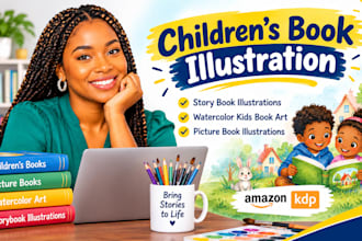 draw children story book illustration, watercolor kids book and picture book art