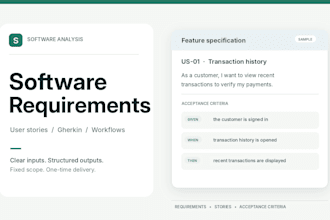 write software requirements, user stories and gherkin acceptance criterias