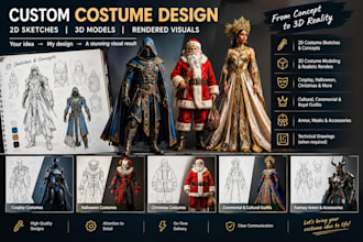 design custom cosplay costumes, halloween, christmas, ceremonial costumes in 3d