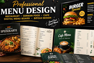 german restaurant menu, food menu, cafe menu, digital menu board bifold design