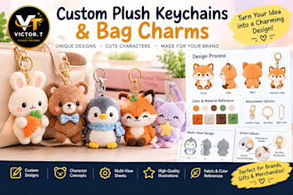 design custom plush keychain and bag charm for manufacturing