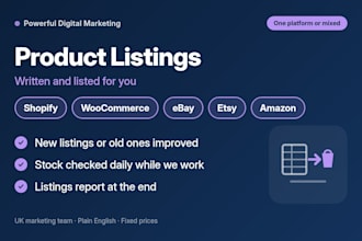 create shopify, amazon, ebay and etsy product listings and upload them