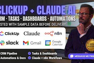 clickup crm tasks dashboards automations docs claude ai n8n setup