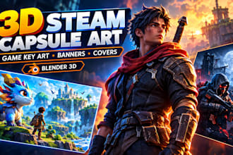 design 3d steam capsule art, 3d game key art, steam banner cover art in blender