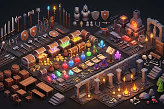 create low poly fantasy rpg props, medieval props, low poly game weapons pack