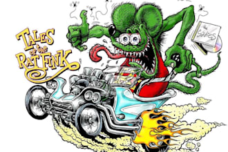 design rat fink style monster, hot rod car illustration, and mascot logo