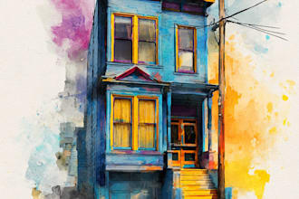 illustrate house or building in water color