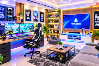 design realistic 3d gaming room, streaming setup and podcast studio