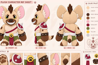 design custom plush reference sheet, stuffed animal kawaii plushie tech pack