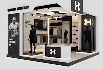 create a 3d exhibition booth design and render