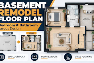 design a basement remodel floor plan with bedroom and bathroom room layouts