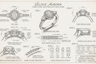 design custom ring concept with technical blueprints sketch