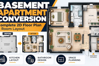 design basement apartment conversion floor plan with kitchen and bathroom layout