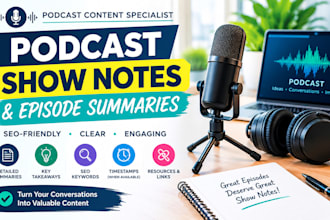 write SEO podcast show notes and episode summaries