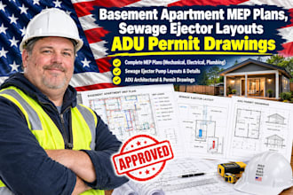 basement apartment mep plans, sewage ejector layouts  adu perm drawings