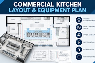 l design professional commercial kitchen layout with equipment plan and mep