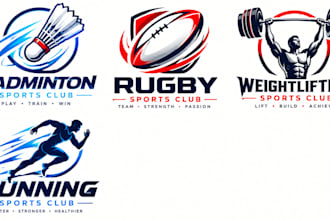design a professional badminton, rugby ball, weightlifting, running logo