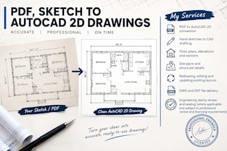 convert pdf, sketch drawing to autocad 2d drawings, engineering stamp