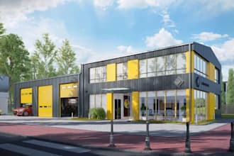 design 3d auto dealership, car showroom, service garage and rv park