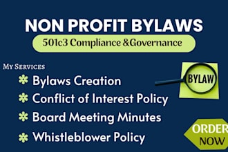 draft custom non profit bylaws and 501c3 governance documents