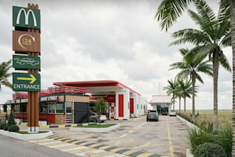 3d render mini supermarket,commercial gas station, cafe, cgi exterior drive thur