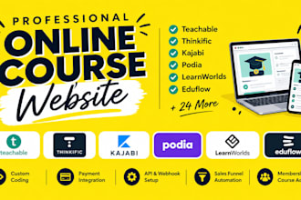 setup, upload online course on teachable website, thinkific kajabi online course