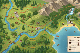 hiking trail map, park map, outdoor recreation map, campsite map, visitor guide