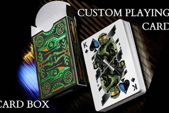 custom playing card game design 52 card deck, card box illustration, blackjack