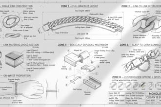 design custom bracelet concept with technical blueprint sketch