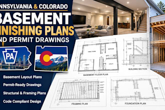draw pennsylvania and colorado basement finishing plans and permit drawings