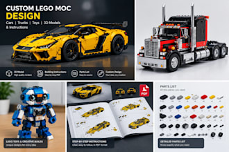 design custom lego moc, 3d lego models, cars, toys, trucks and instruction