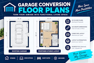 draw garage conversion floor plans for studio adus