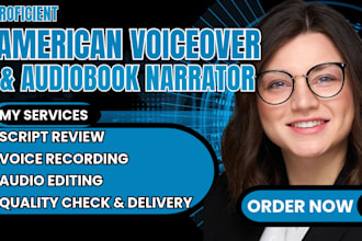 record HQ female voiceover, friendly, warm american voice actor, book narrator