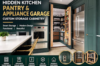 design a hidden kitchen pantry, appliance garage and custom storage cabinetry