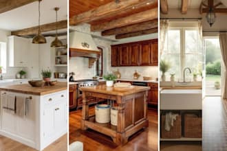 design a vintage cottagecore kitchen, farmhouse cabinetry and rustic interior