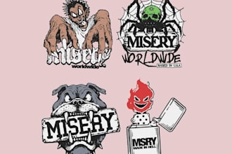 create edgy vintage streetwear, wolf, grim reaper, and dark graphic apparel logo
