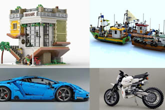 design custom lego car, lego truck, motorcycle and lego house, with instructions