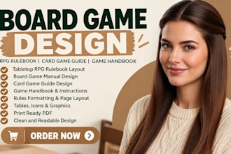 design tabletop rpg rulebook layout board game card game guide and game handbook