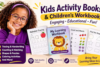 design kids activity books, children workbooks and printable worksheets