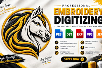 do embroidery digitize into dst, pes, vp3, jef, exp in 1 hour