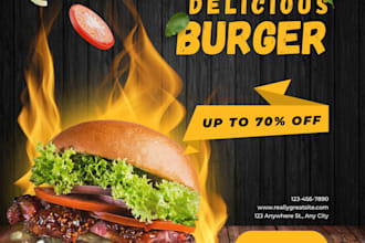 design modern food posters, burger and pizza flyers for restaurant