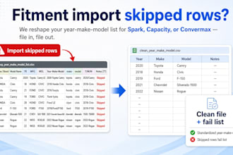 clean your shopify fitment spreadsheet for spark, capacity, or convermax